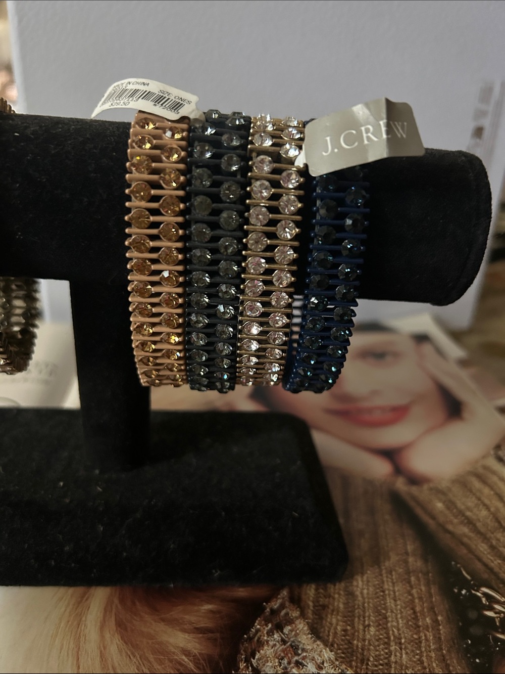 NWT J. Crew Set of 4 Rhinestone Stretch Bracelet Set Gold, Black, Navy, Crystal